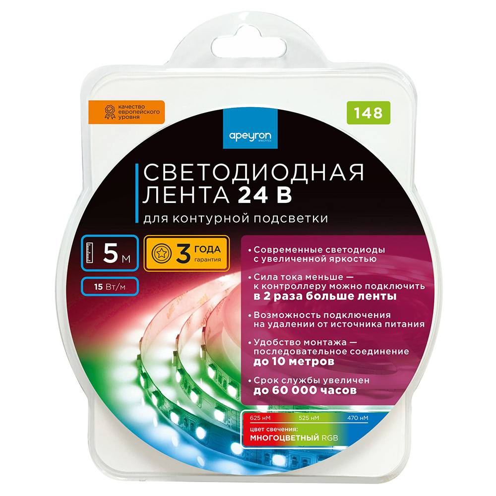 ������ ������ ����� ������������ SMD 5050 RGB ���� 24 � 15 ��/� 5 � IP20 Apeyron (148��)   ����