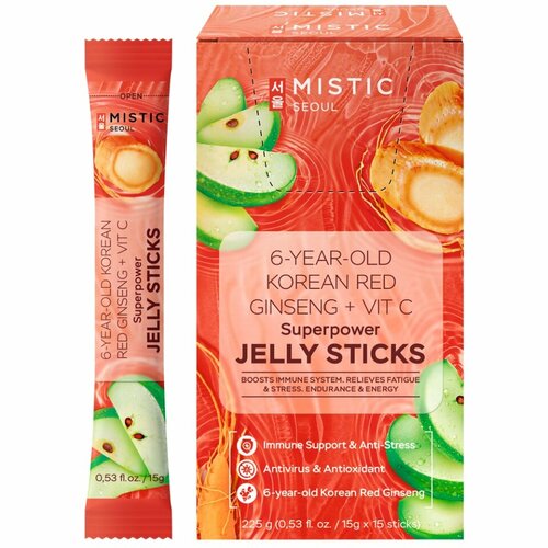 ������ ������ MISTIC 6-YEAR OLD KOREAN RED GINSENG+VIT C SUPERPOWER JELLY STICKS, 15pcs*15g/box ���������� �������� ������� � 6-������ ��������� ������� ��������� ����