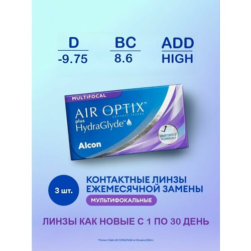 ������ ������ ���������� ����� �� ����� Alcon Air Optix Plus HydraGlyde Multifocal, 3 ��., R 8,6, D -9,75, ADD: �������, 1 ��. ����