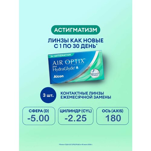 ������ ������ ���������� ����� �� ����� Alcon Air optix Plus HydraGlyde for Astigmatism., 3 ��., R 8,7, D -5,�CYL:�-2,25,�A�:�180 ����