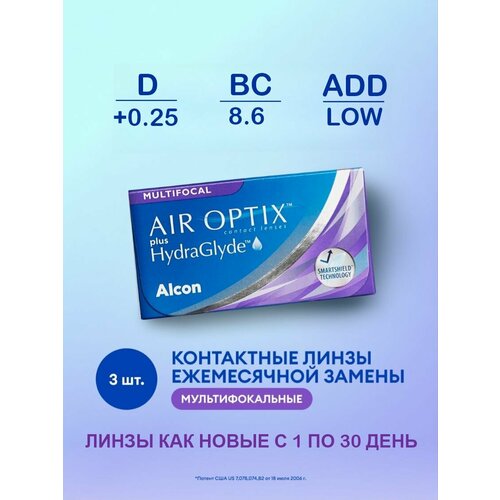 ������ ������ ���������� ����� �� ����� Alcon Air Optix Plus HydraGlyde Multifocal, 3 ��., R 8,6, D +0,25, ADD: ������, 1 ��. ����