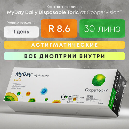 ������ ������ ����������� ���������� ����� CooperVision MyDay daily disposable toric, 30 ��., R 8,6, D 0,�CYL:�-0,75,�A�:�10, 1 ��. ����